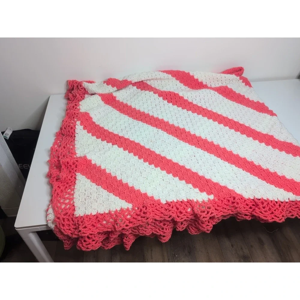 Huge Vintage Afghan Granny Knit Blanket 60's White Salmon Pink Striped 100